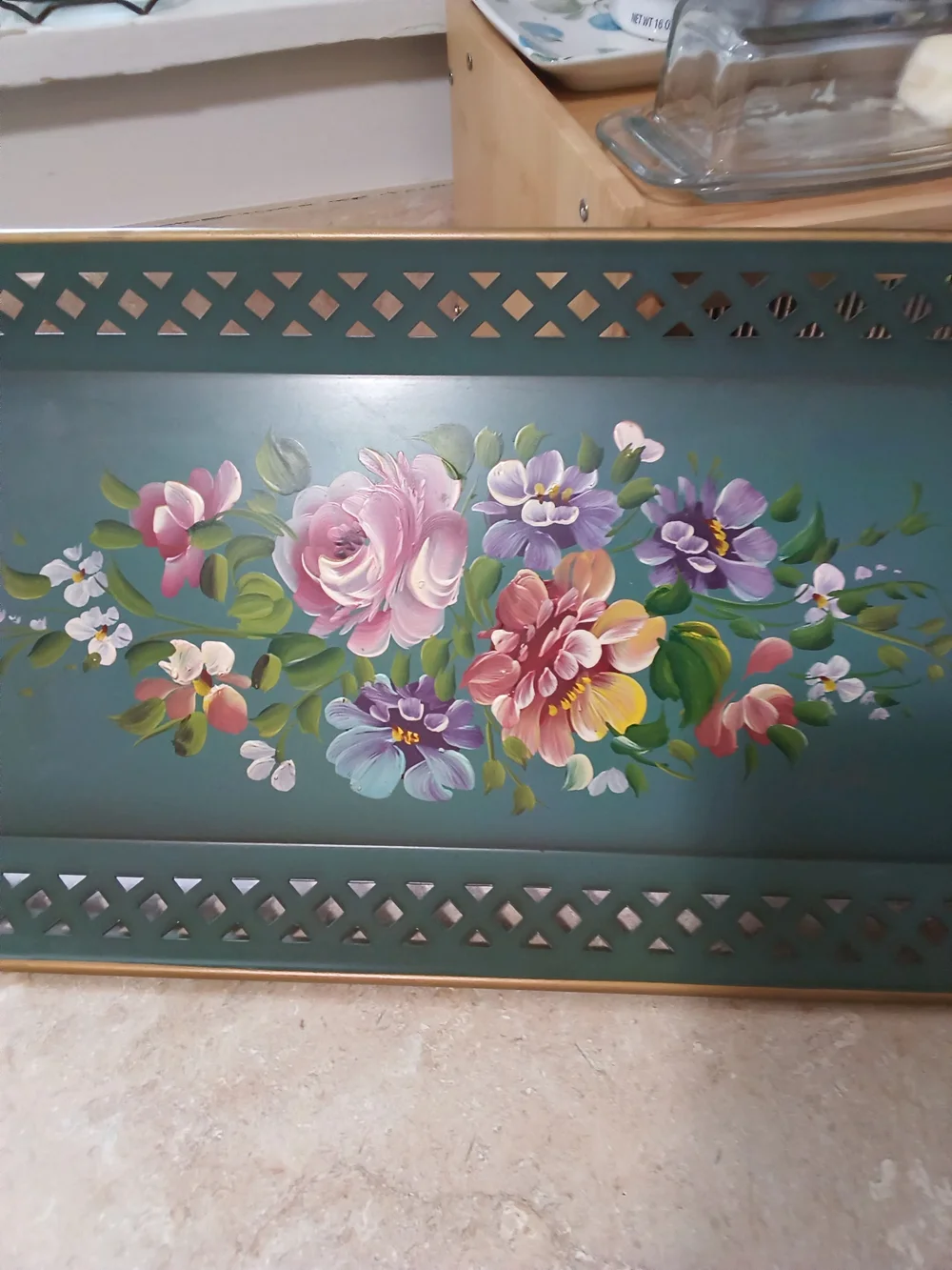 1950's Nashco Metal Hand-Painted Tole Floral Serving Tray - Teal Green